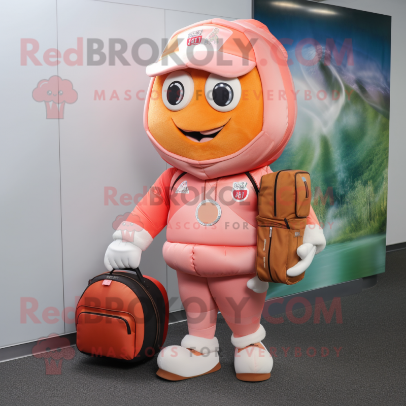 Peach American Football Helmet mascot costume character dressed with a Joggers and Wallets Peach American Football Helmet mascot costume character dressed with a Joggers and Wallets