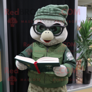 Silver Green Beret mascot costume character dressed with a Sweatshirt and Reading glasses