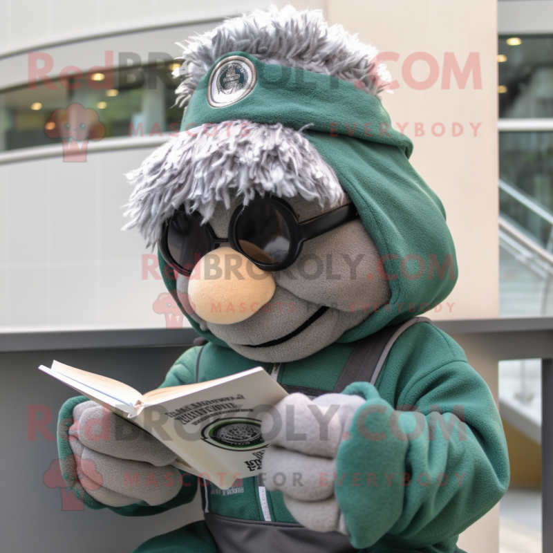 Silver Green Beret mascot costume character dressed with a Sweatshirt and Reading glasses