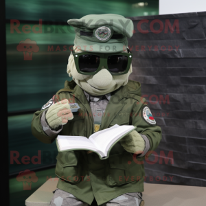 Silver Green Beret mascot costume character dressed with a Sweatshirt and Reading glasses