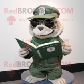 Silver Green Beret mascot costume character dressed with a Sweatshirt and Reading glasses