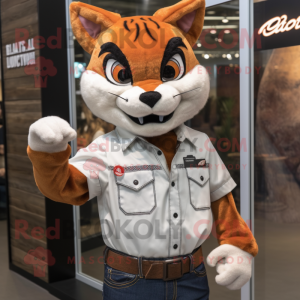 Rust Bobcat mascot costume character dressed with a Poplin Shirt and Bracelets