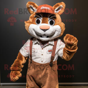 Rust Bobcat mascot costume character dressed with a Poplin Shirt and Bracelets