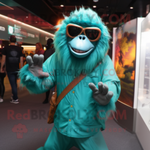 Teal Orangutan mascot costume character dressed with a Coat and Sunglasses