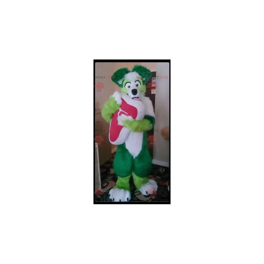 Mascote cachorro verde e branco todo peludo - Redbrokoly.com