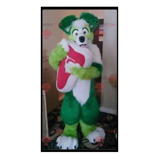Mascotte cane verde e bianco tutto peloso - Redbrokoly.com