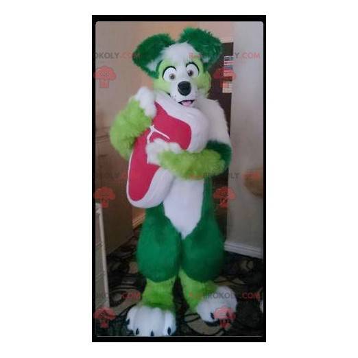 Mascotte de chien vert et blanc tout poilu - Redbrokoly.com