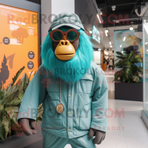 Teal Orangutan mascot costume character dressed with a Coat and Sunglasses