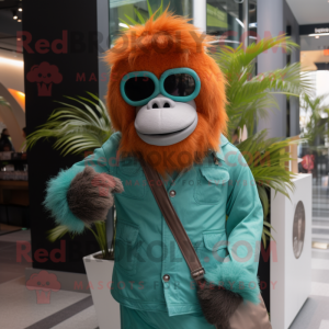 Teal Orangutan mascot costume character dressed with a Coat and Sunglasses