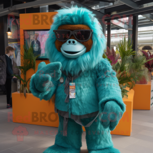 Teal Orangutan mascot costume character dressed with a Coat and Sunglasses