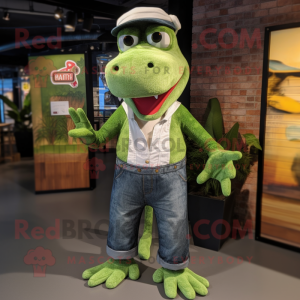 Olive Crocodile mascot costume character dressed with a Boyfriend Jeans and Tie pins