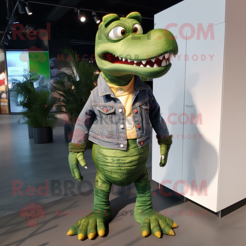 Olive Crocodile mascot costume character dressed with a Boyfriend Jeans and Tie pins Olive Crocodile mascot costume character dressed with a Boyfriend Jeans and Tie pins