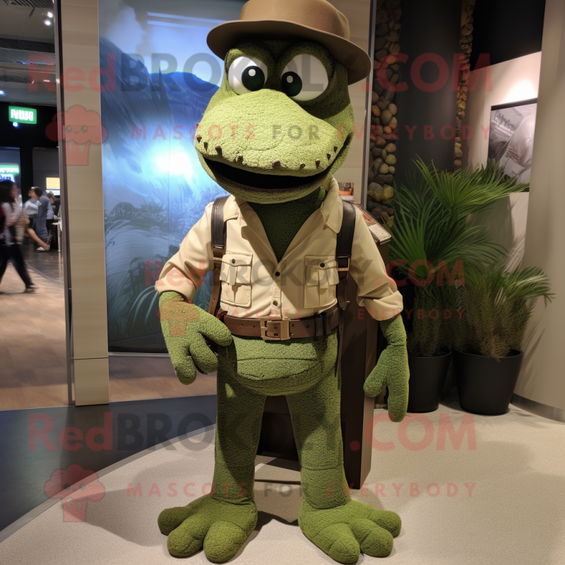 Olive Crocodile mascot costume character dressed with a Boyfriend Jeans and Tie pins Olive Crocodile mascot costume character dressed with a Boyfriend Jeans and Tie pins