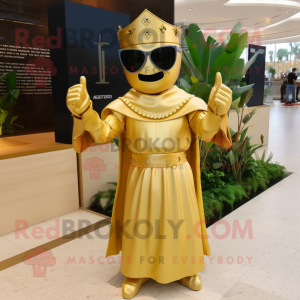 Gold Medieval Knight mascot costume character dressed with a Maxi Skirt and Sunglasses