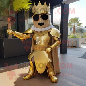 Gold Medieval Knight mascot costume character dressed with a Maxi Skirt and Sunglasses
