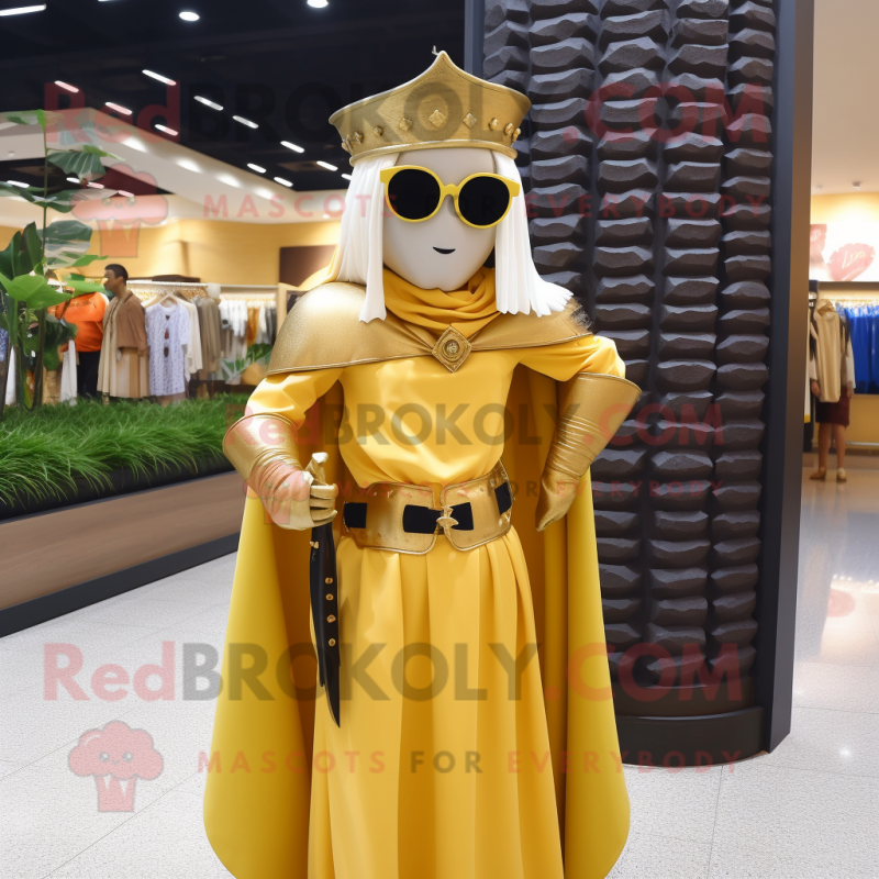 Gold Medieval Knight mascot costume character dressed with a Maxi Skirt and Sunglasses