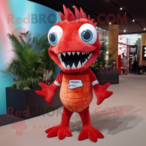 Red Barracuda mascot costume character dressed with a Playsuit and Earrings