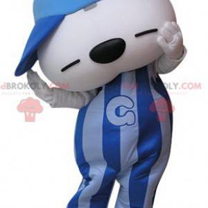 Blaues und weißes Teddybärmaskottchen mit einer Kappe -