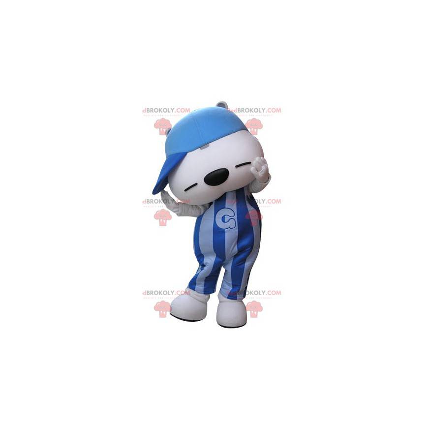 Blauw en wit teddybeer mascotte met een pet - Redbrokoly.com
