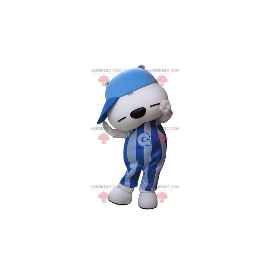 Blue and white teddy bear mascot with a cap - Redbrokoly.com