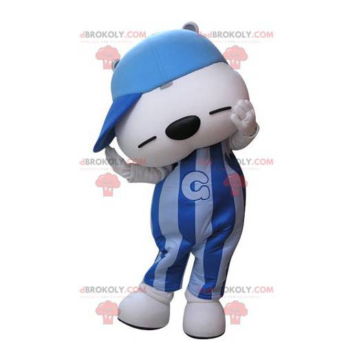 Blue and white teddy bear mascot with a cap - Redbrokoly.com