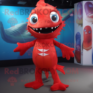 Red Barracuda mascot costume character dressed with a Playsuit and Earrings