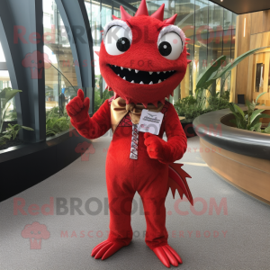 Red Barracuda mascot costume character dressed with a Playsuit and Earrings