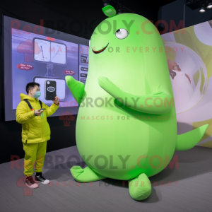Lime Green Narwhal mascot costume character dressed with a Coat and Digital watches