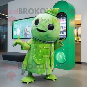 Lime Green Narwhal mascot costume character dressed with a Coat and Digital watches