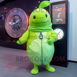 Lime Green Narwhal mascot costume character dressed with a Coat and Digital watches