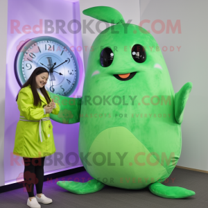 Lime Green Narwhal mascot costume character dressed with a Coat and Digital watches