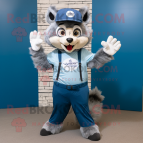 Blue Raccoon mascot costume character dressed with a Chinos and Beanies