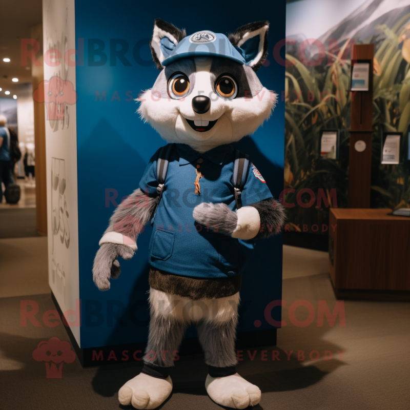 Blue Raccoon mascot costume character dressed with a Chinos and Beanies