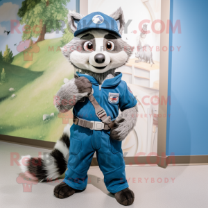 Blue Raccoon mascot costume character dressed with a Chinos and Beanies