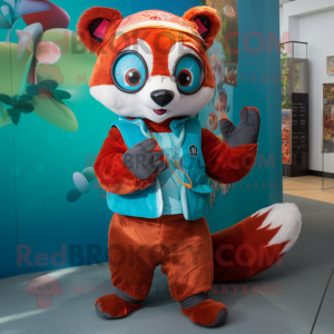 Turquoise Red Panda mascot costume character dressed with a Playsuit and Scarves