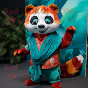 Turquoise Red Panda mascot costume character dressed with a Playsuit and Scarves