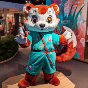 Turquoise Red Panda mascot costume character dressed with a Playsuit and Scarves