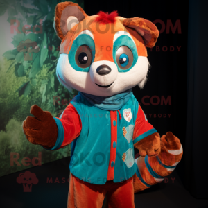 Turquoise Red Panda mascot costume character dressed with a Playsuit and Scarves