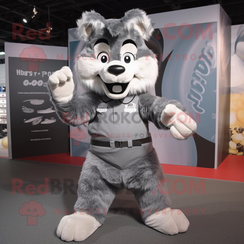 Gray Say Wolf mascot costume character dressed with a Playsuit and Belts