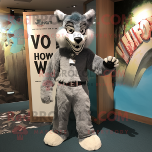 Gray Say Wolf mascot costume character dressed with a Playsuit and Belts