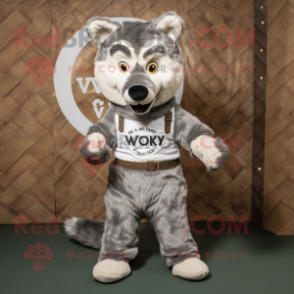 Gray Say Wolf mascot costume character dressed with a Playsuit and Belts