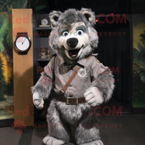 Gray Say Wolf mascot costume character dressed with a Playsuit and Belts