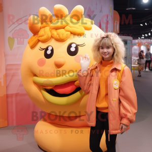 Peach Hamburger mascot costume character dressed with a Jacket and Hair clips