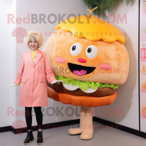 Peach Hamburger mascot costume character dressed with a Jacket and Hair clips