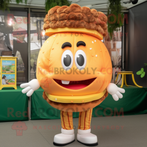 Peach Hamburger mascot costume character dressed with a Jacket and Hair clips