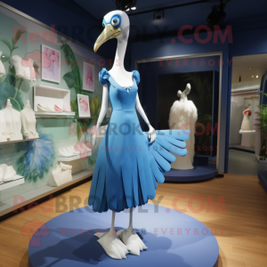 Blue Flamingo mascot costume character dressed with a Wedding Dress and Shoe clips
