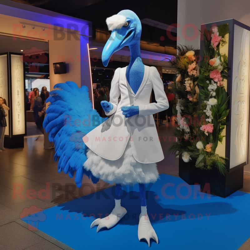 Blue Flamingo mascot costume character dressed with a Wedding Dress and Shoe clips Blue Flamingo mascot costume character dressed with a Wedding Dress and Shoe clips