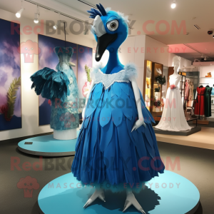 Blue Flamingo mascot costume character dressed with a Wedding Dress and Shoe clips