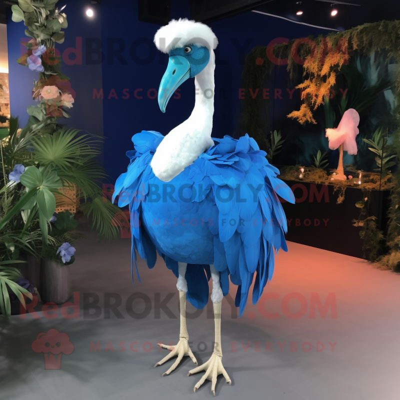 Blue Flamingo mascot costume character dressed with a Wedding Dress and Shoe clips