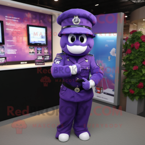Purple Air Force Soldier mascot costume character dressed with a Pencil Skirt and Bracelet watches